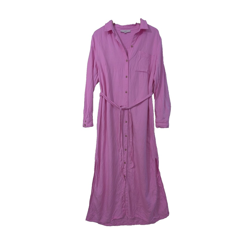 LOFT Linen Blend Maxi Shirt Dress 12 Pink Beach Coastal Preppy Quiet Luxury
